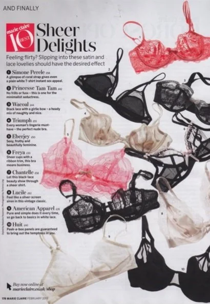 Advertisement for sheer lingerie featuring various bras in black, pink, beige, and nude colors, with descriptive text about the products and brand Marie Claire.