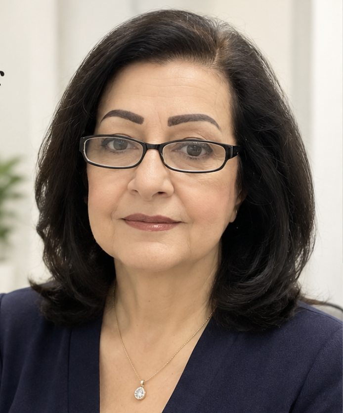 A middle-aged woman with shoulder-length dark hair, glasses, and a friendly expression, wearing a dark blazer and a necklace, indoors with a blurred background.