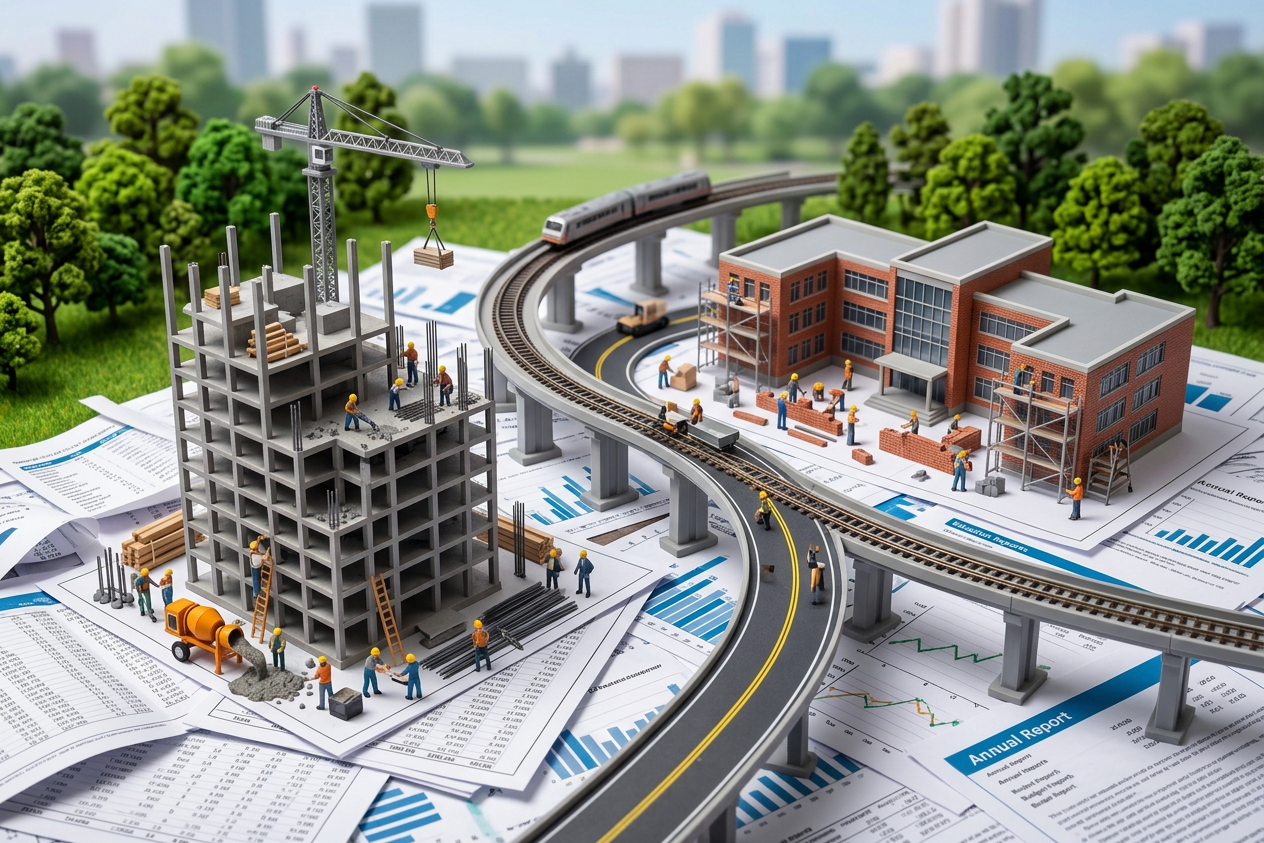 Miniature construction site with workers, scaffolding, and a building under construction. A train tracks a elevated rail line curves through the scene, surrounded by trees, with city buildings in the background. Construction plans and reports are scattered on the ground.