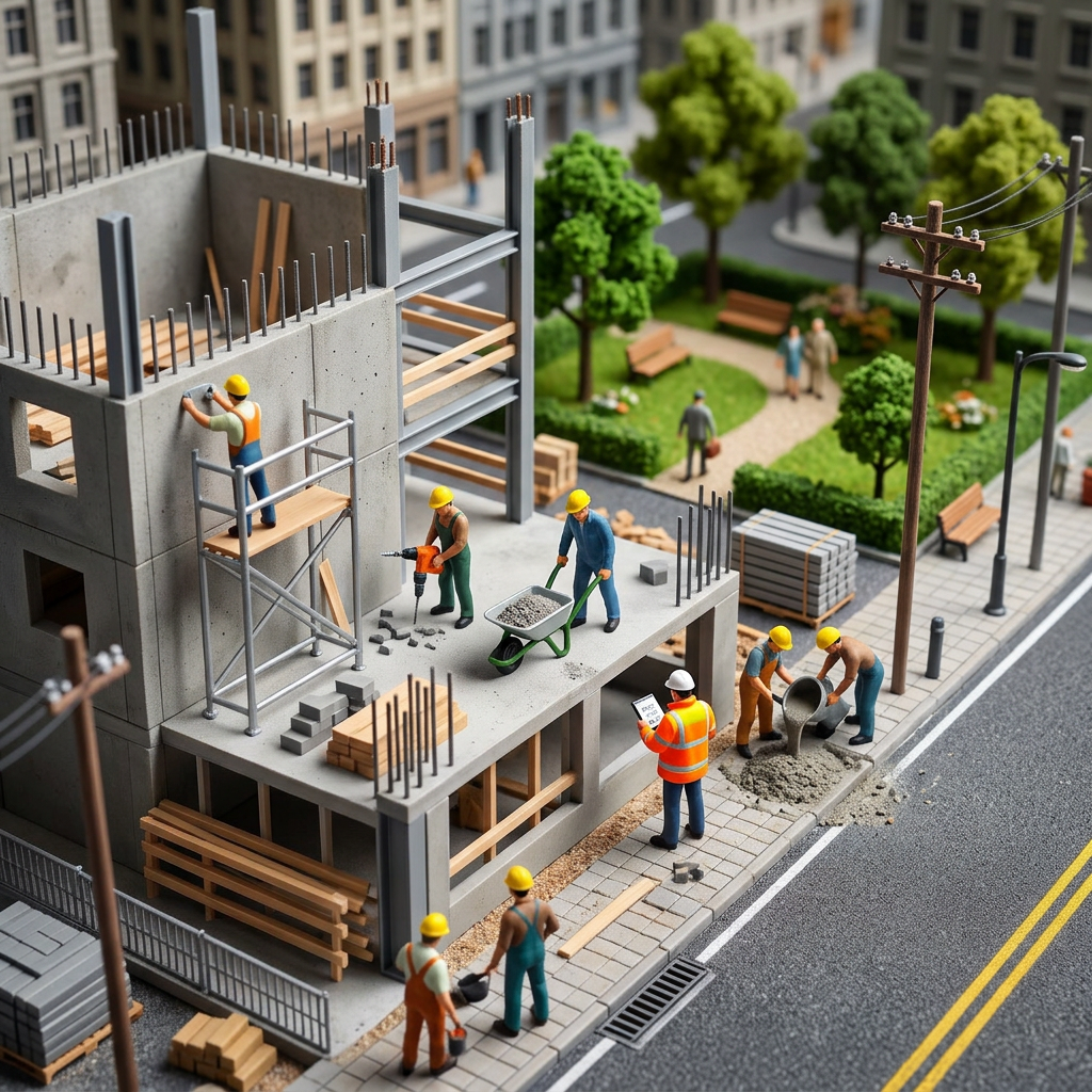 Miniature model of workers building a multi-story concrete structure with scaffolding, using tools like drills and wheelbarrows, in an urban setting with trees and benches.