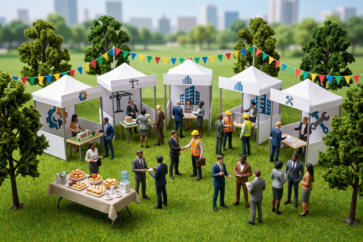 Miniature outdoor business fair with tents, people in formal and safety attire, a table with food, and a cityscape in the background.