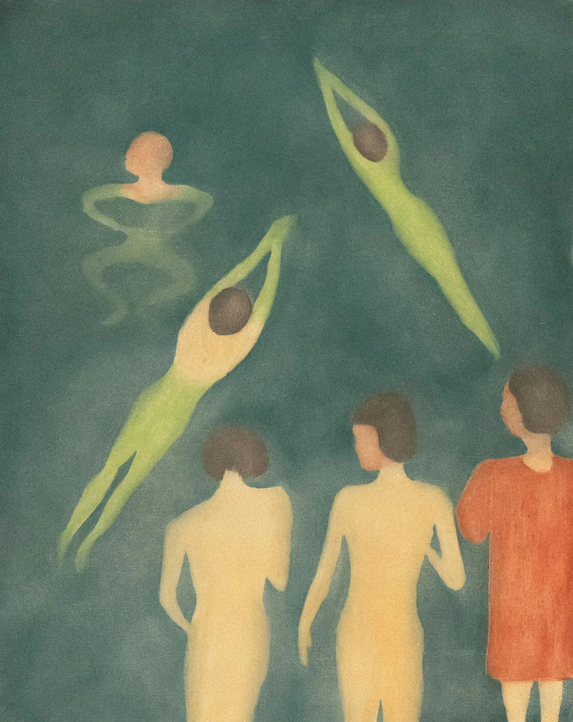Illustration of a group of people, with a large plant or tree in the foreground.