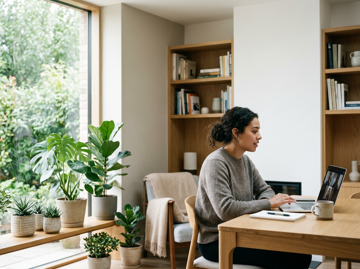 A woman sitting at a wooden dining table working on a laptop during a video call, with a coffee mug, notebook, and pen in front of her. The room has large windows with green plants on the windowsill and bookshelves in the background.
