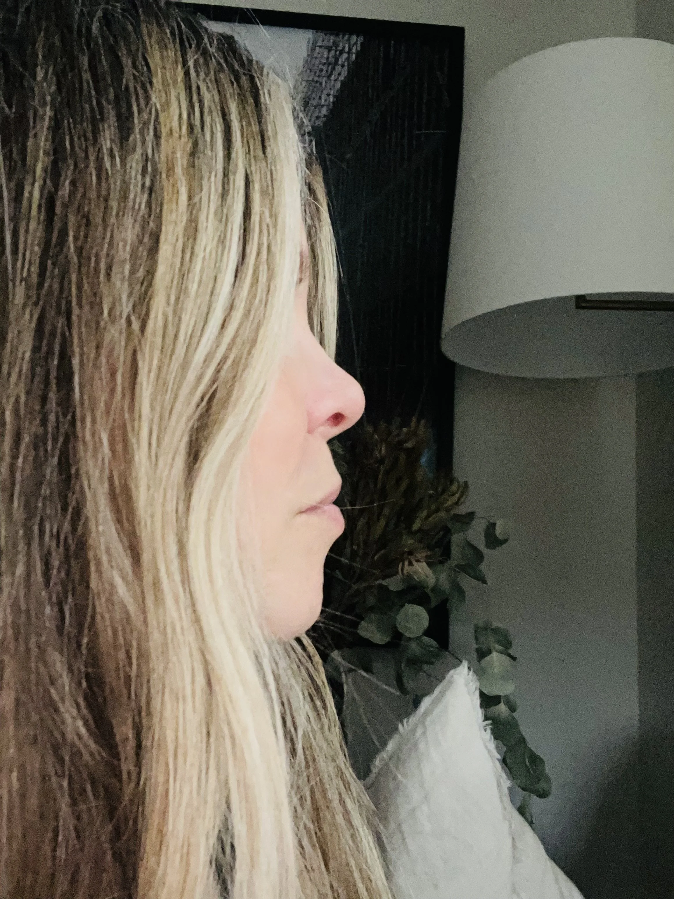 A person's side profile with long blonde hair, sitting near a wall with a potted plant and a white lampshade in the background.