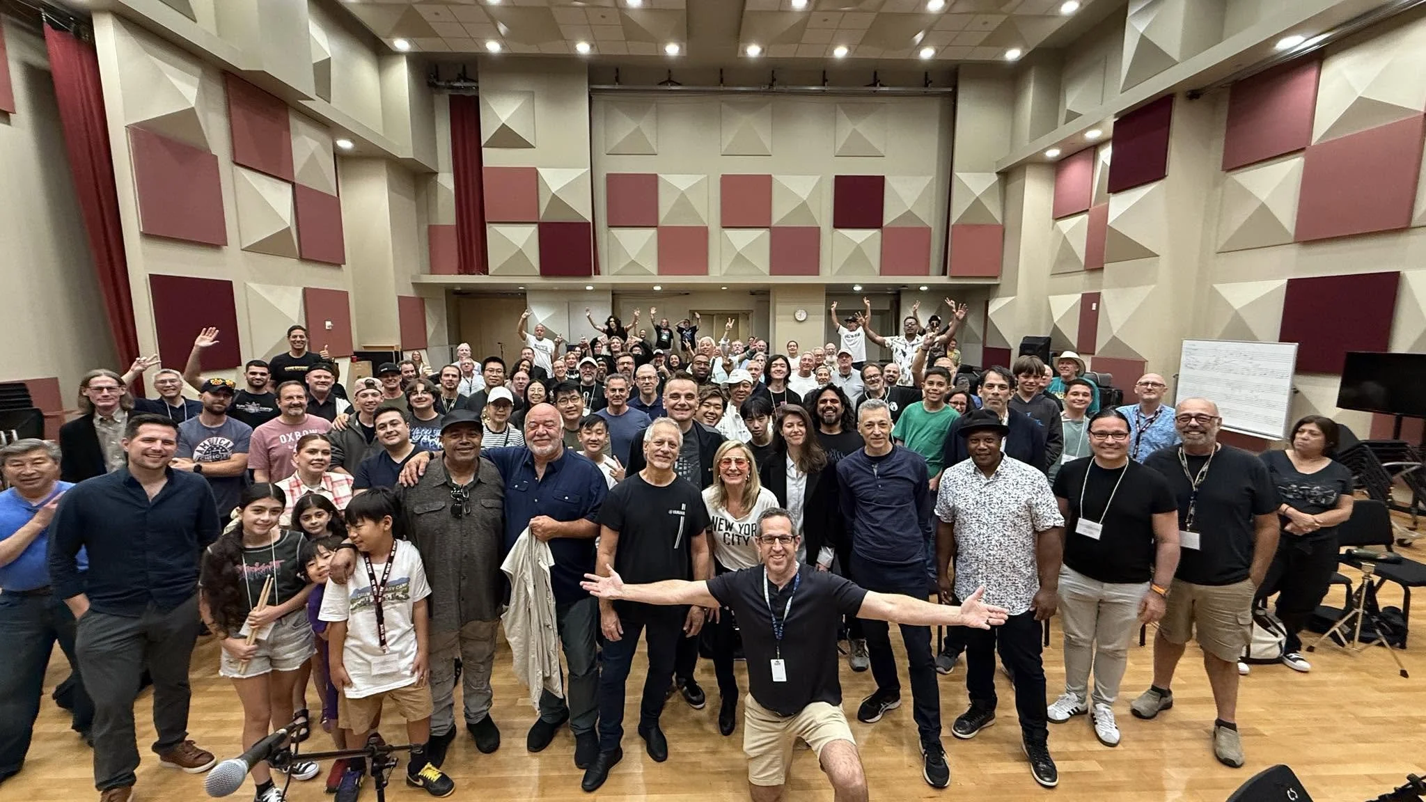 2025 group photo of Drum Fantasy Camp including students, instructors and the band.