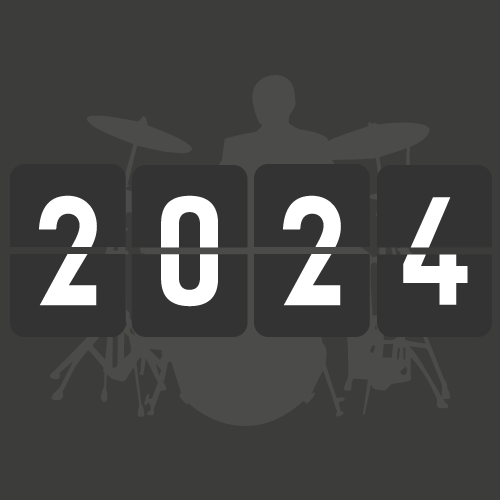 A digital flip clock displaying the year 2024 over a silhouette of a drummer playing drums.
