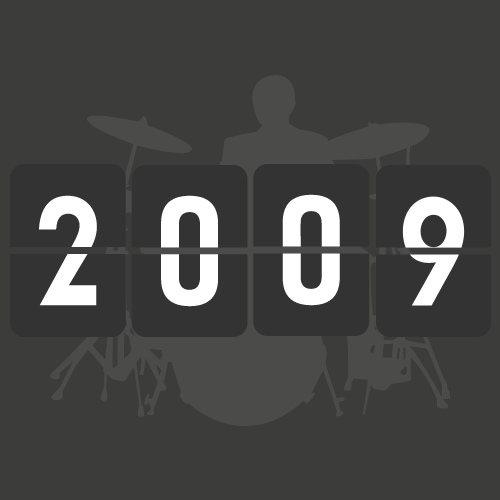 A silhouette of a person playing drums with a digital flip clock displaying 2009 in front of them, in monochrome tones.
