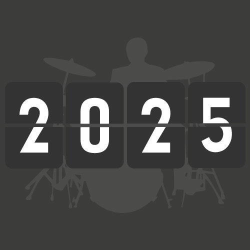 Digital countdown clock displaying the year 2025, with a background silhouette of a person playing drums.