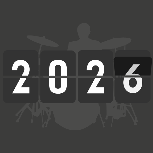 Number flip clock displaying 2026 in front of a silhouette of a drummer playing a drum set.