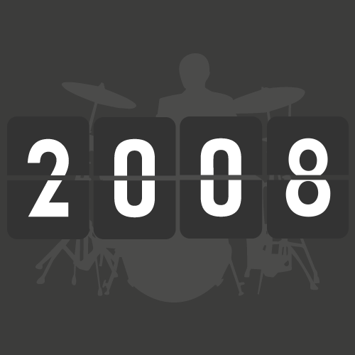 A silhouette of a person playing drums with a digital display showing the year 2008.