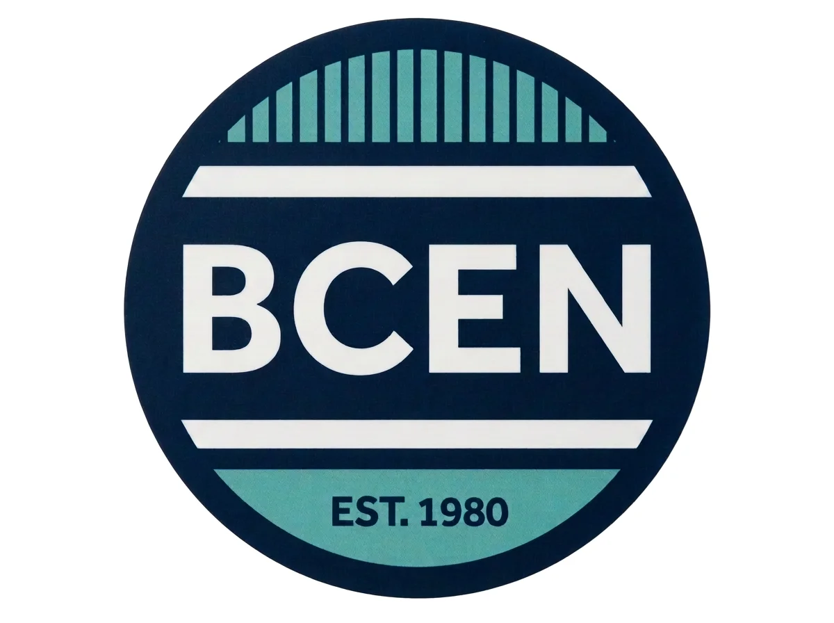 A round logo with the text 'BCEN' in large white letters, 'EST. 1980' below, and a blue background with green accents.