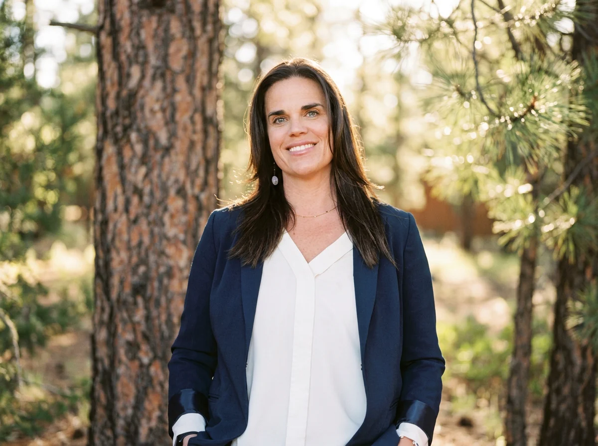 A smiling woman with dark brown hair, wearing a navy blazer and white blouse, standing outdoors in a sunlit forest with pine trees. Legal nurse consultant, Flagstaff, AZ