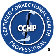 Logo of Certified Correctional Health Professional (CCHP) with a blue circular background and a white caduceus symbol in the center.