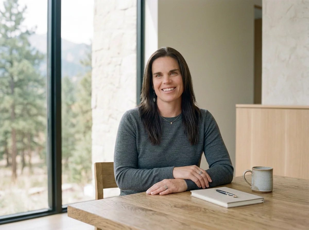 A woman with long dark hair sitting at a wooden table, smiling, with a notebook and pen, and a mug in front of her, near large windows showing a scenic outdoor view. Legal nurse consultant
