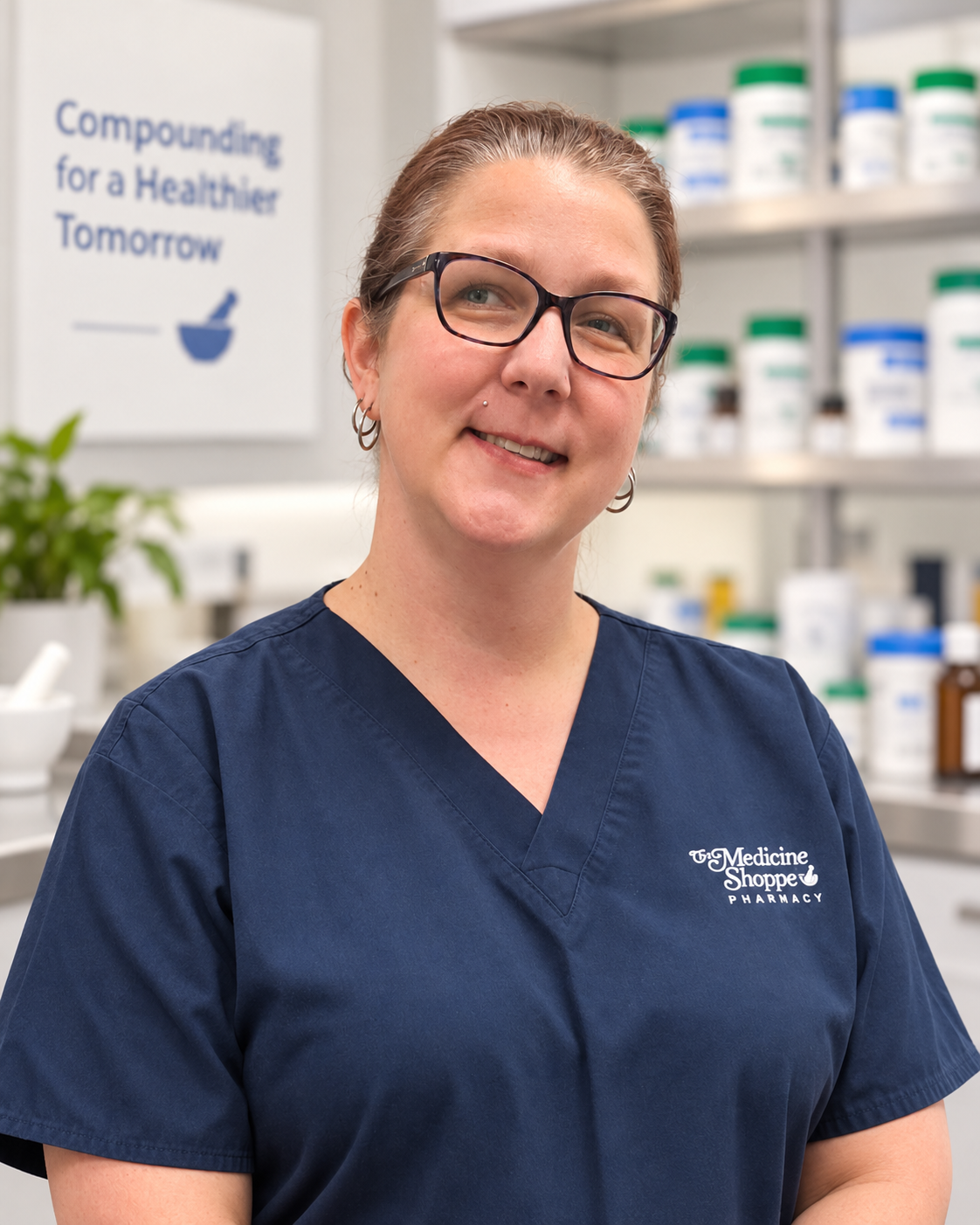A smiling woman in navy scrubs and glasses standing in a pharmacy with shelves of bottles behind her and a sign that reads 'Compounding for a Healthier Tomorrow'.