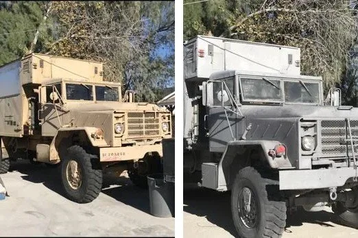 Military cargo truck before and after: tan paint stripped and the truck primed gray