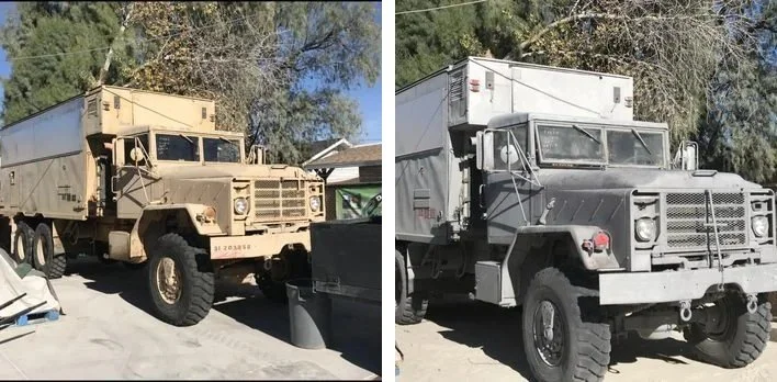 Military cargo truck before and after: tan paint stripped and the truck primed gray
