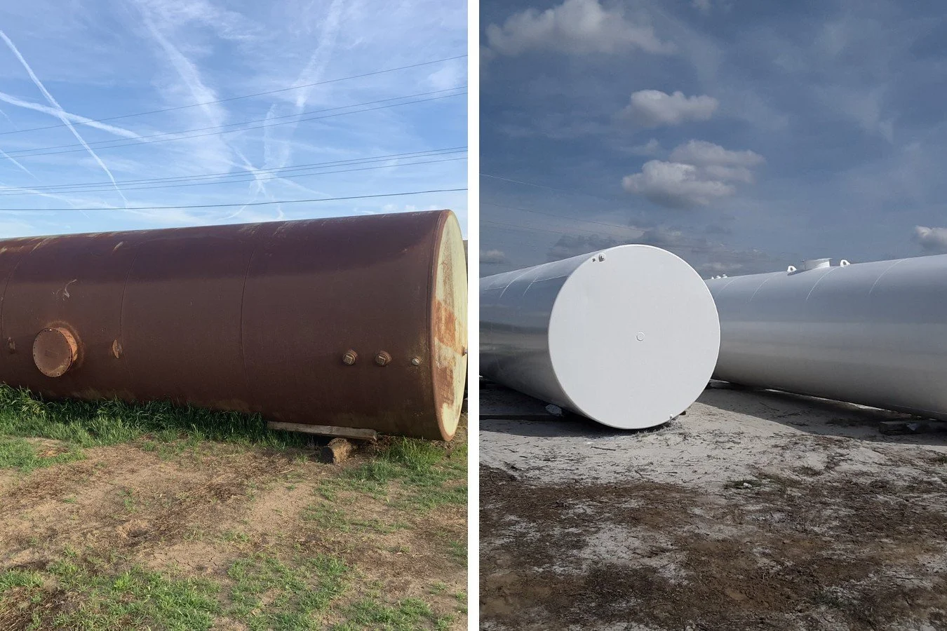 Storage tank before and after: rusted exterior, then blasted and coated white