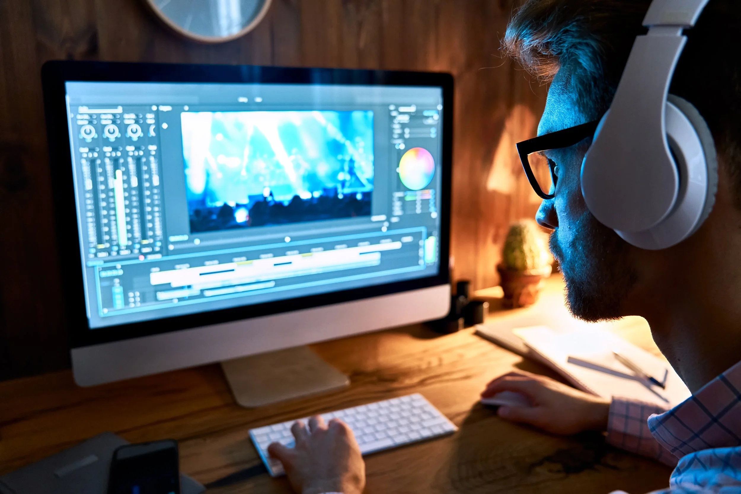 A person with glasses and a beard is working on a computer with a large monitor displaying a video editing software.