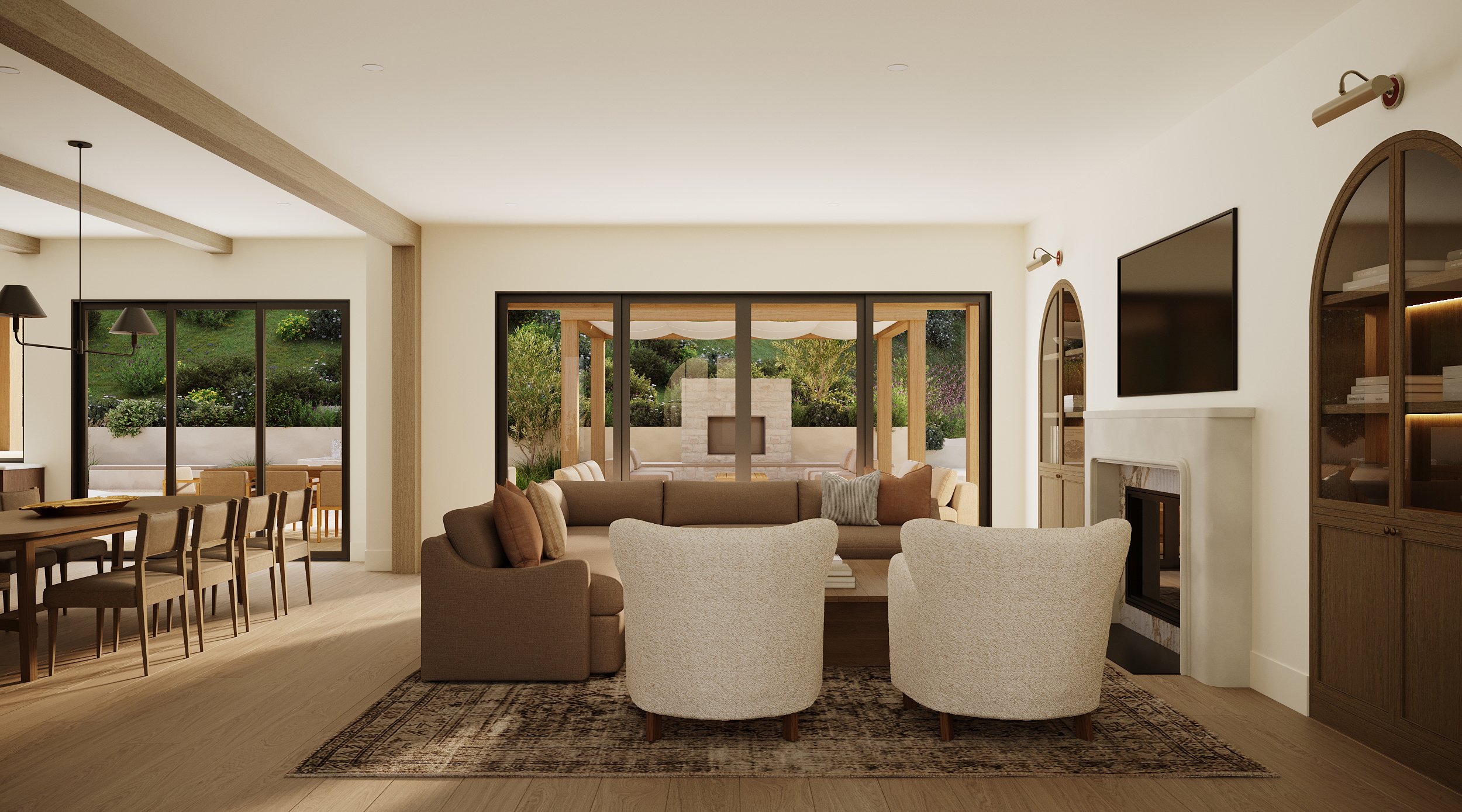 Open-concept living room with large windows, beige and brown furniture, a mounted TV, and a view of an outdoor patio with garden.
