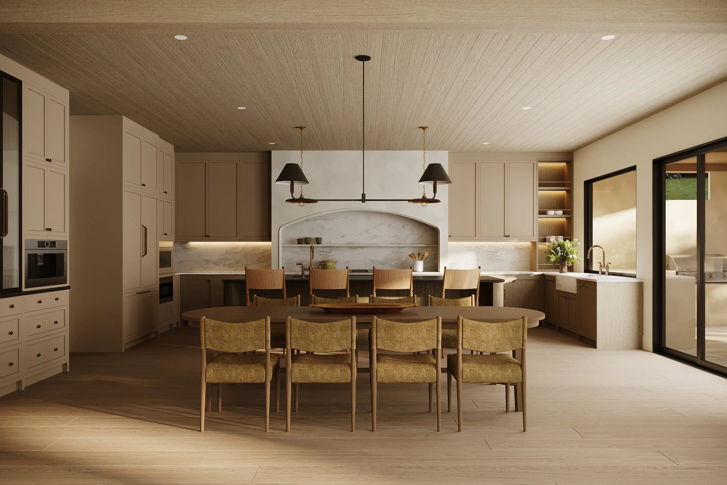 Warm modern kitchen with beige cabinetry, marble backsplash, pendant lighting, and a wooden dining table in the Sycamore Canyon Residence.