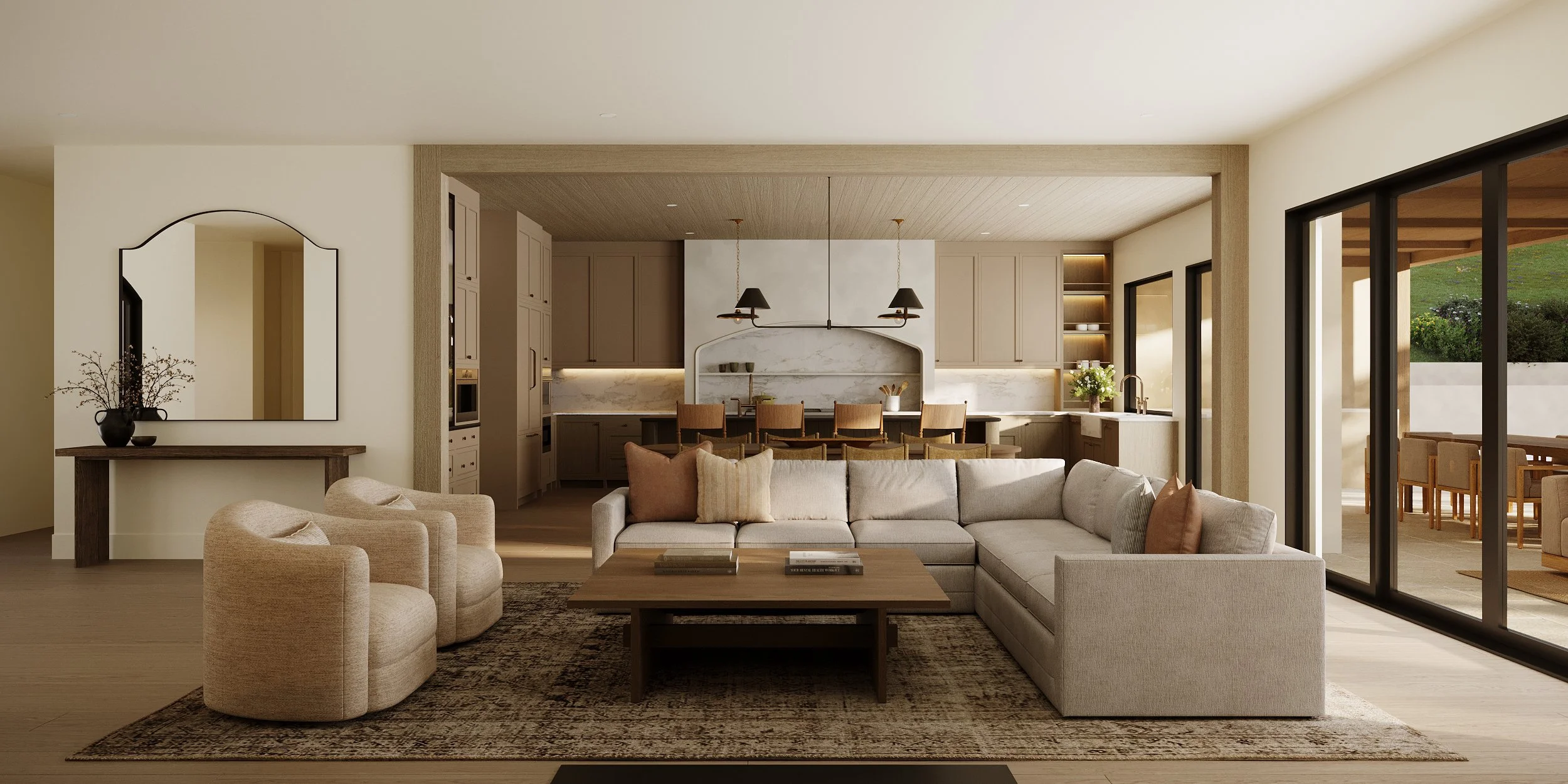 Open-concept living room and kitchen with beige sofa, armchairs, wooden coffee table, modern kitchen with marble backsplash, hanging lights, and sliding glass doors leading to an outdoor patio.