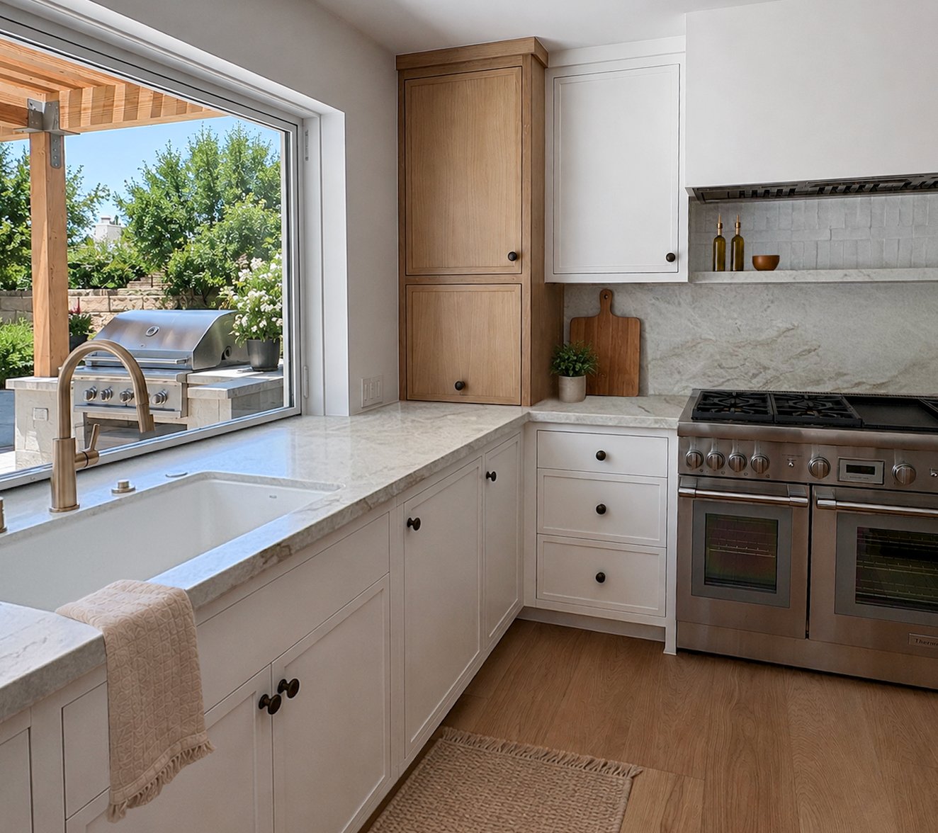 Kitchen with white cabinets, a beige marble countertop, a stainless steel stove, and a window overlooking an outdoor patio with a built-in grill and greenery.