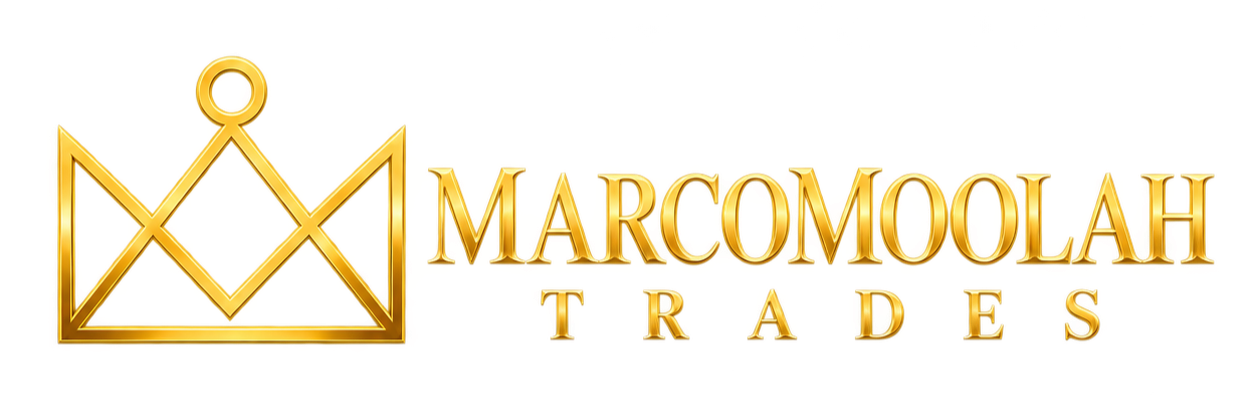 Logo for Marcomolah Trades with a gold outline crown and upward trend line graph, and the company name in gold text.