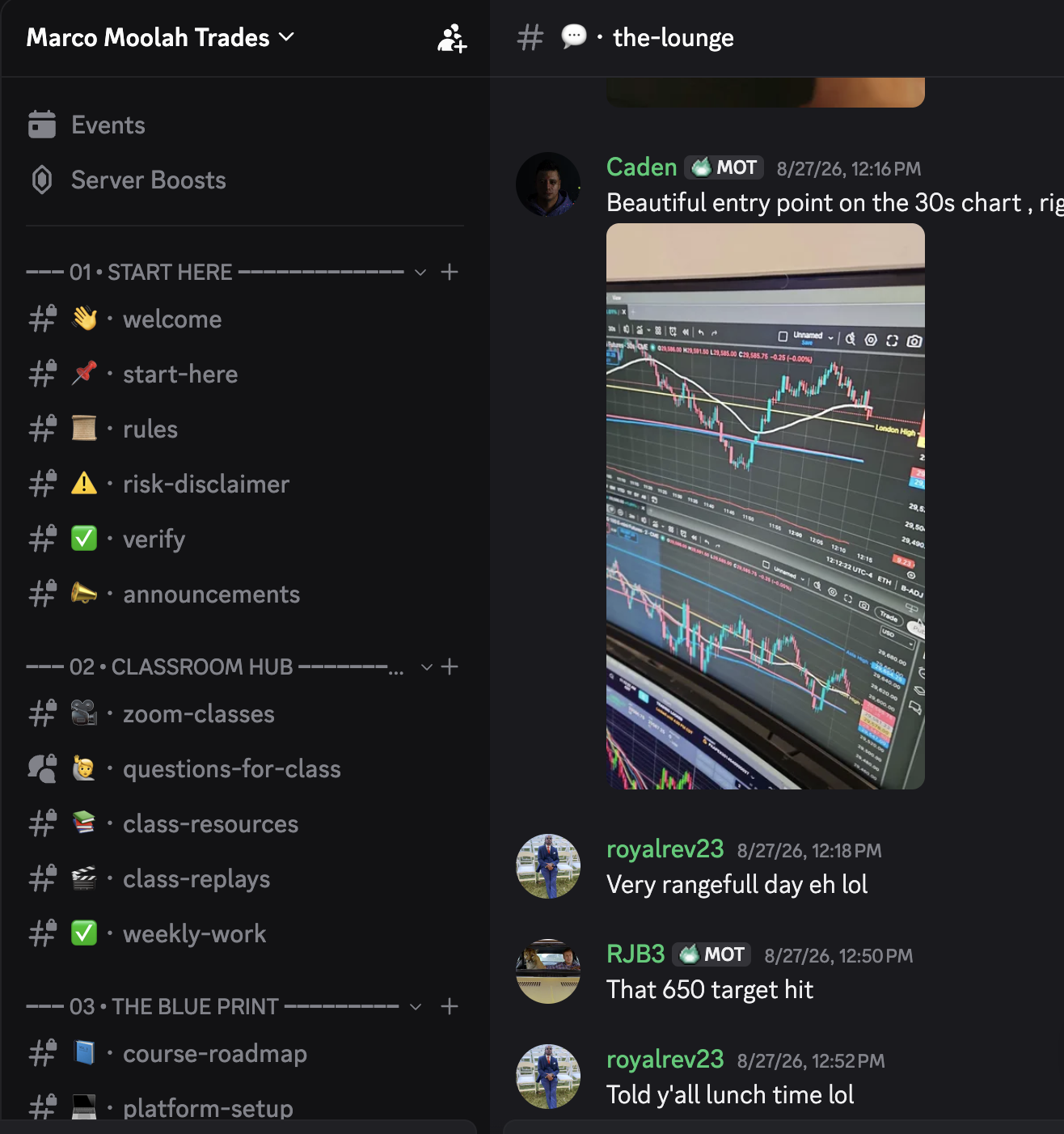 Screenshot of a chat platform showing a conversation about stock trading, with a shared image of a computer screen displaying various stock charts and technical analysis indicators.