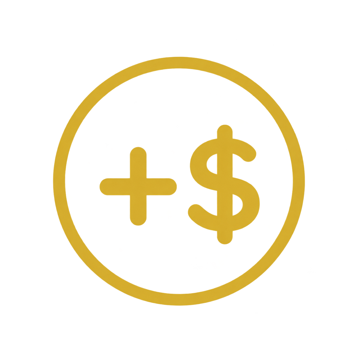 Gold circle icon with plus and dollar signs inside.
