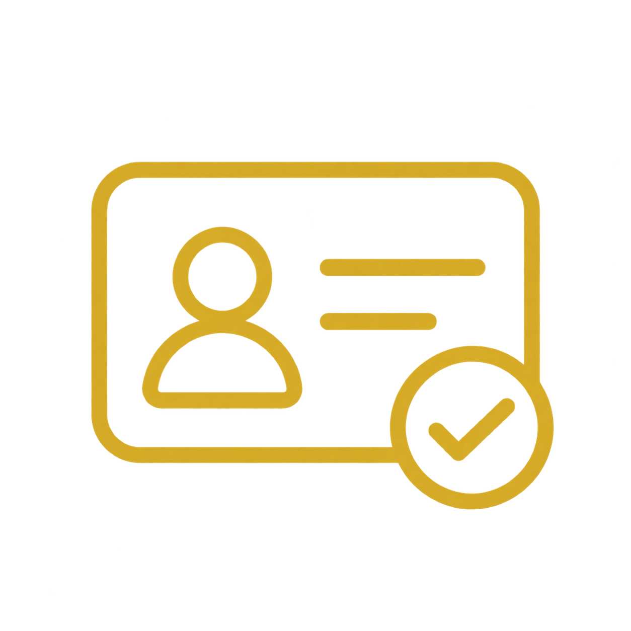 Illustration of a identification card with a photo icon, horizontal lines, and a checkmark badge.