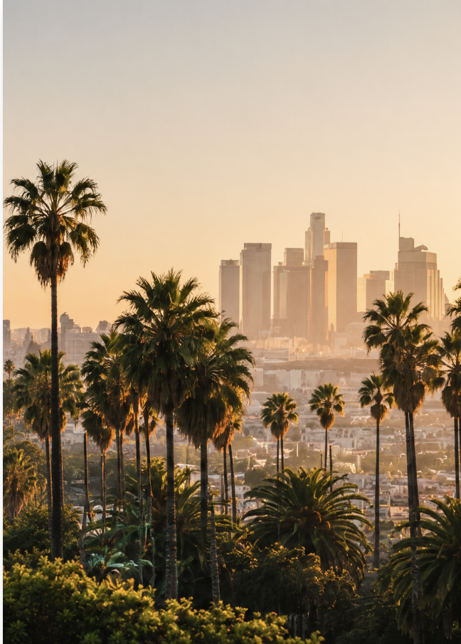 Skyline of Downtown Los Angeles with tall skyscrapers in the background and a foreground of tall palm trees during sunset.