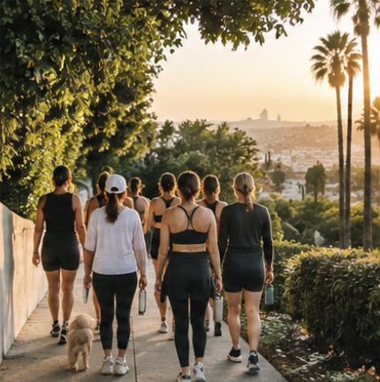 Group of women walking on a trail during sunset, with palm trees and city in the background.