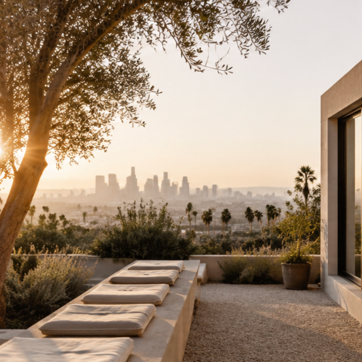 Rooftop terrace with lounge chairs, potted plants, and a view of a city skyline at sunset