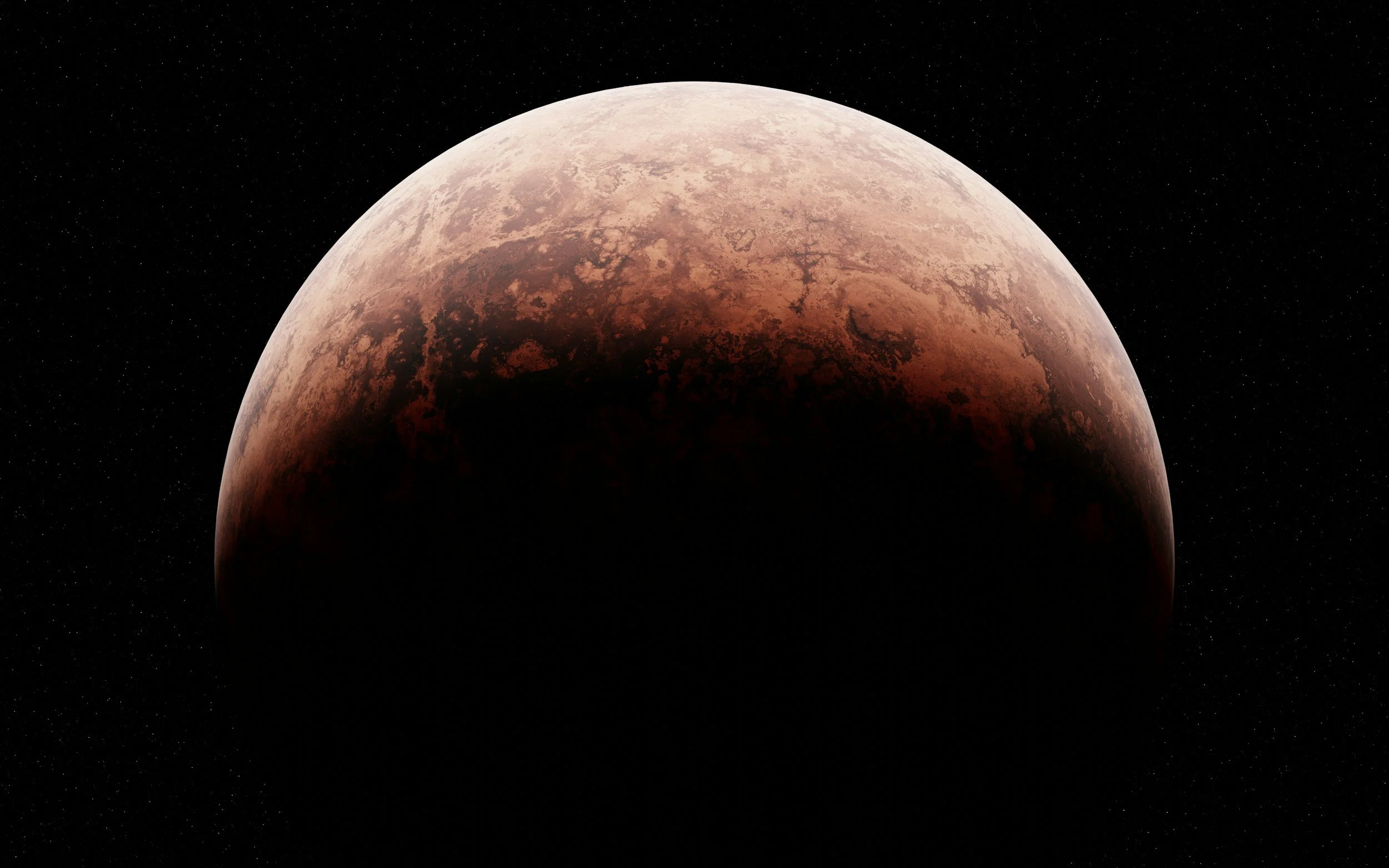 A planet with reddish and brown surface features viewed from space against a backdrop of black starry sky.