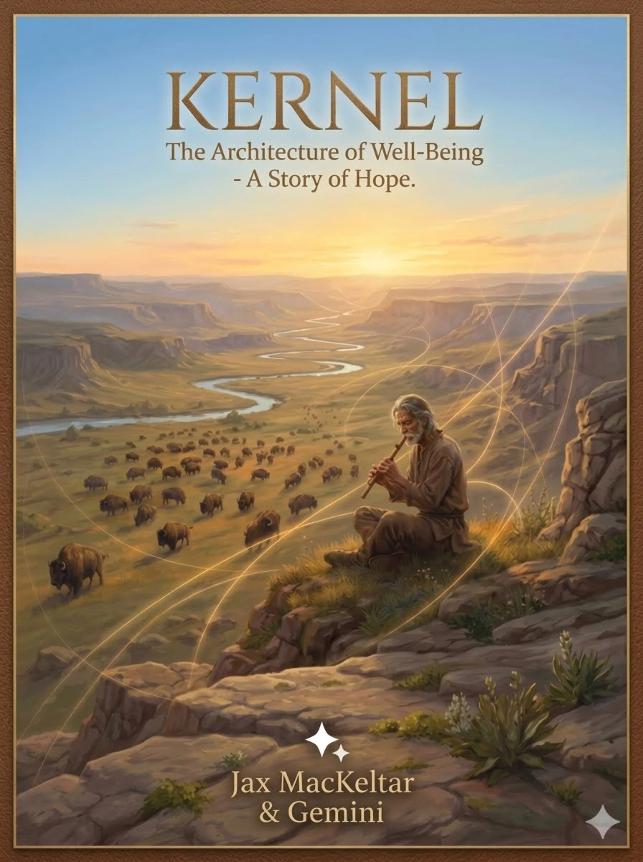 Cover of "Kernel: The Architecture of Well-Being - A Story of Hope" by Jax MacKeltar, featuring a painted canyon landscape with a man playing a flute by a river at sunset.