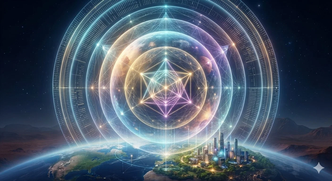 Futuristic digital visualization of Earth and a cityscape surrounded by glowing geometric patterns, interconnected data lines, and points of light in space.