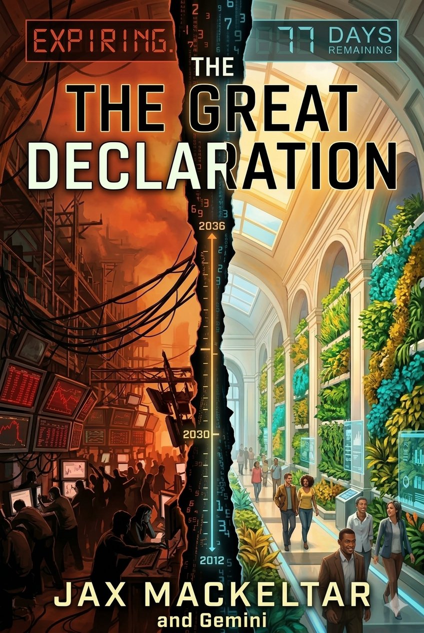 Cover of "The Great Declaration" by Jax MacKeltar and Gemini — a dystopian scene of destruction and isolation on the left, a utopian indoor garden of people and technology in harmony on the right.