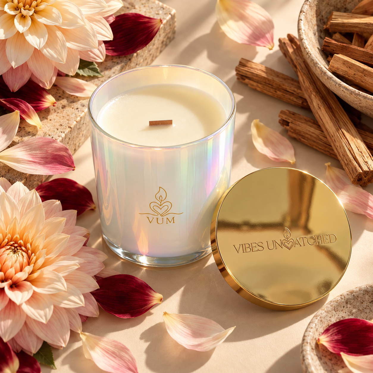 Vibes UnMatched luxury coconut apricot crème wax candle in an iridescent glass vessel surrounded by soft florals and warm natural textures.