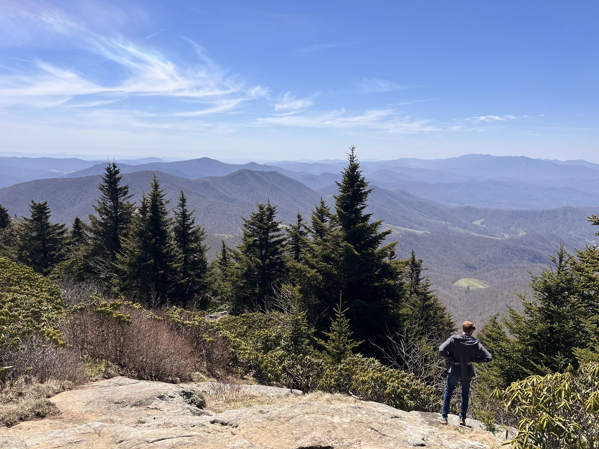 A mountain landscape with blue sky and wispy clouds. In the foreground, there are trees and a person standing and looking at the view.