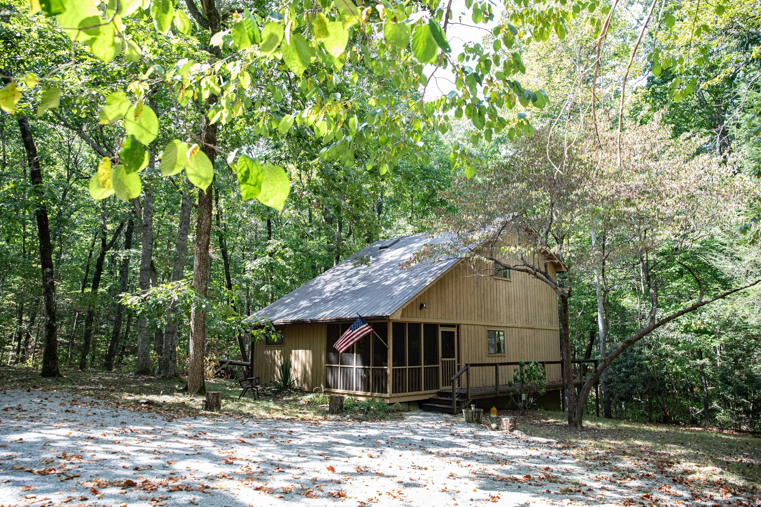 A small wooden house with a sloped metal roof in a wooded area with tall trees and lush green leaves. An American flag is attached to the house, and there is a gravel driveway in front with fallen leaves scattered on it.