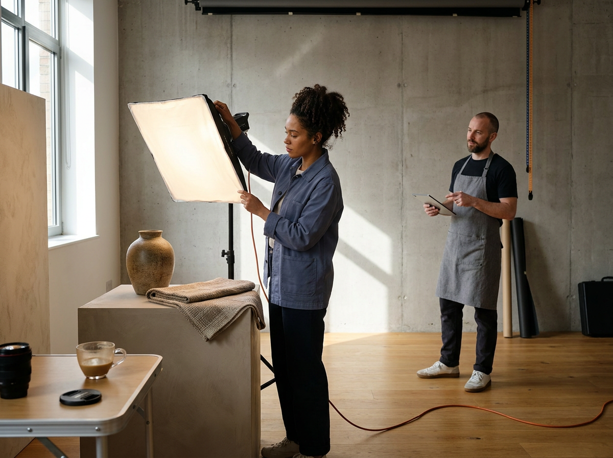 A woman adjusts lighting equipment during a photo shoot in a studio, with a man holding a tablet observing.
