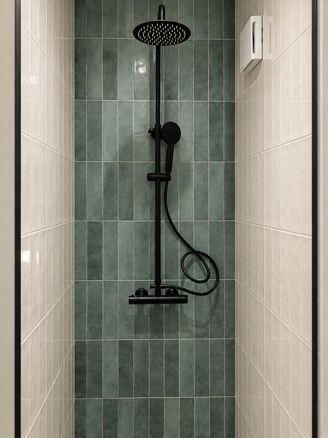 Black rain shower head with a handheld sprayer in a tiled shower stall with green and white tiles.
