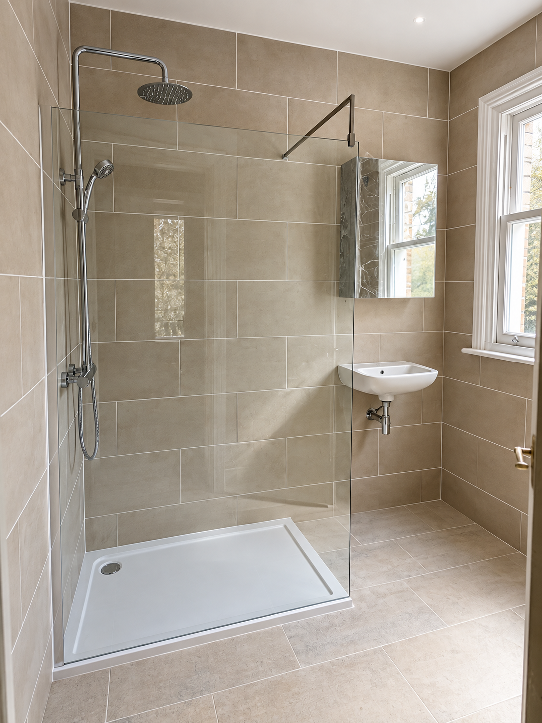 A modern bathroom with beige tiled walls and floor, a walk-in shower with a glass screen, a rain showerhead, a small wall-mounted sink, and a window letting in natural light.