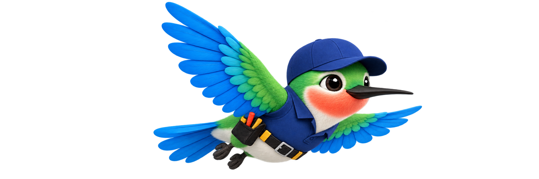 Animated colorful bird character dressed as a mail carrier, with blue wings, a blue cap, and a tool belt, flying.