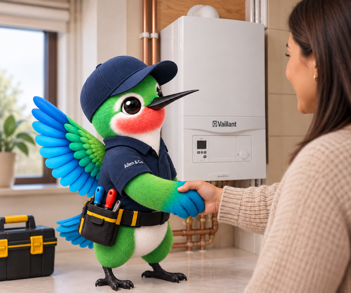 A person in a beige sweater shaking hands with a colorful animated bird mascot dressed as a technician, with tool belt, in a kitchen. The bird has green, blue, and white feathers, a red face, and is wearing a navy hat and uniform.