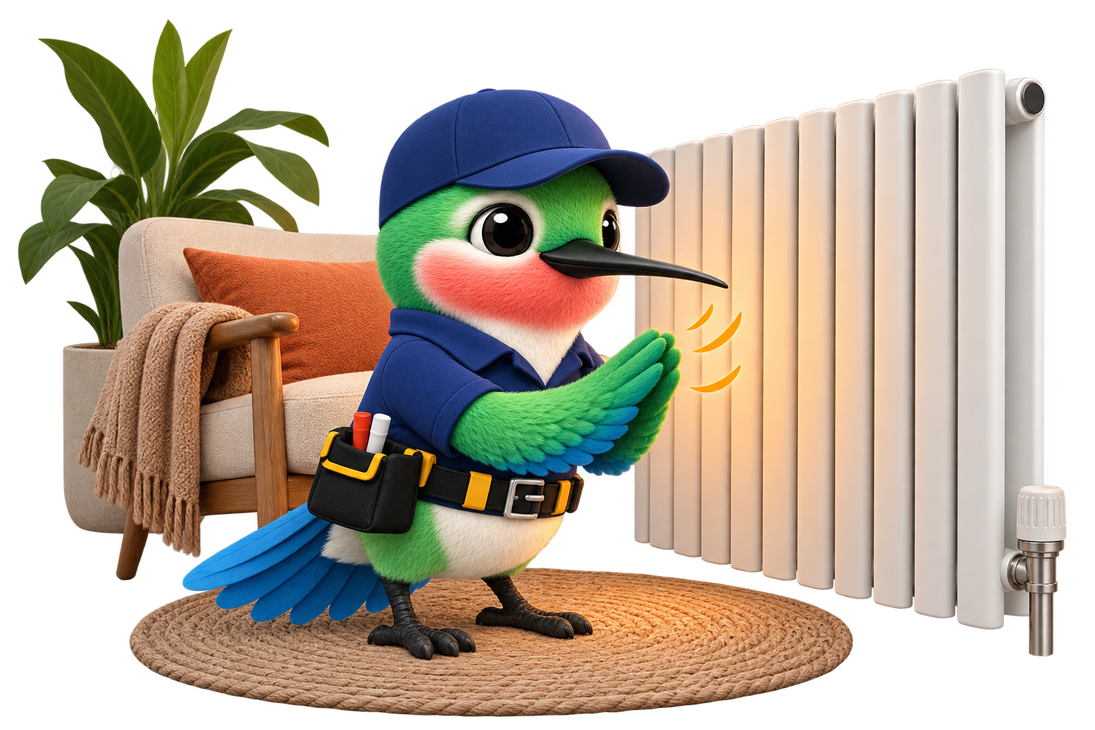 Cartoon bird delivery person in uniform sweating while clutching hands in front of radiator, in a cozy living room.