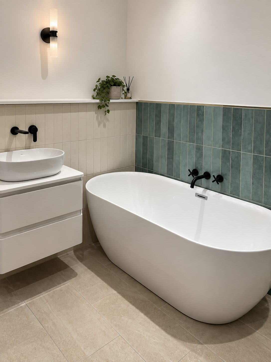Modern bathroom with a white freestanding bathtub, green tiled wall, white vanity with vessel sink, and black fixtures. Small plant and reed diffuser on a ledge.