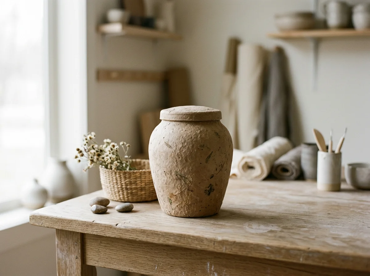 A rustic clay jar on a light wooden table in a bright, minimalist kitchen with open shelving and neutral decor.