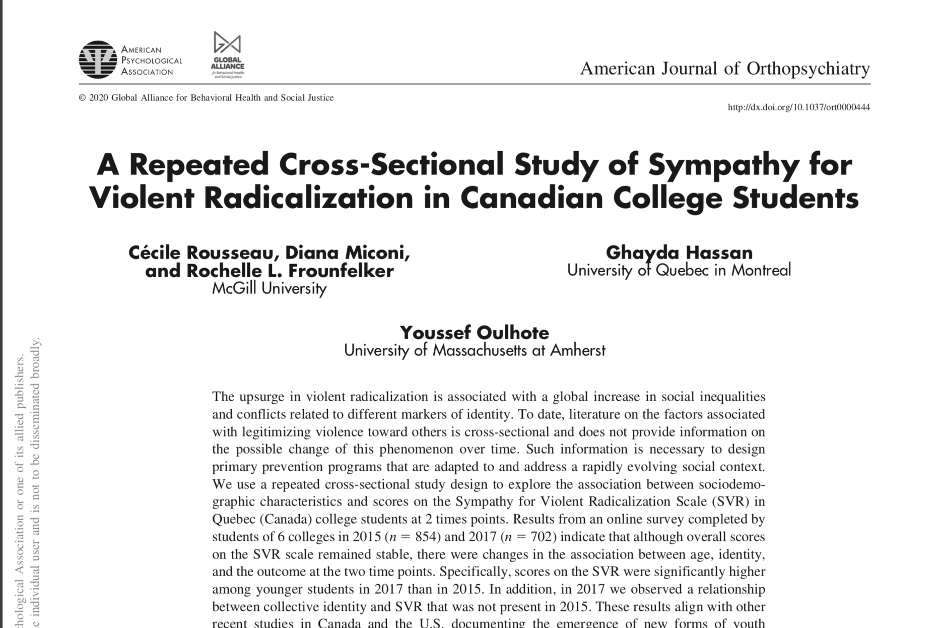 A Repeated Cross-Sectional Study of Sympathy for Violent Radicalization in Canadian College Students
